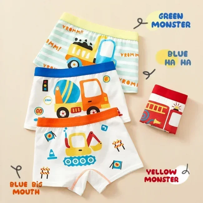 2pcs Children's Underwear Boy Panties Underpants Engineering Vehicle Cars Fire Engine Comfortable Shorts Briefs Boxers For Kids 4
