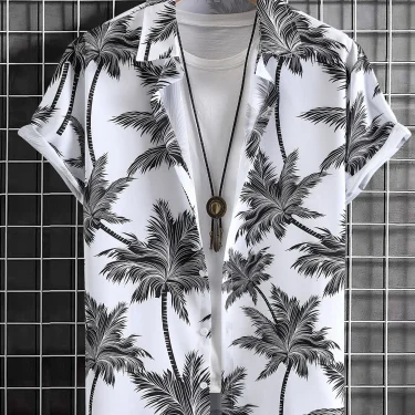 Hawaiian Fashionable Lapel Shirts For Men And Women Tropical Plant Print Short Sleeve Button-Down Shirts Seaside Tops 1