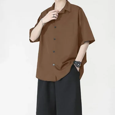 Shirt Men's Summer Ice Silk Short-Sleeved Drapey High-End Loose Casual Solid Color Shirt for Men 2