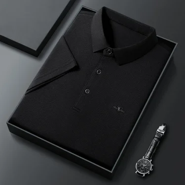 New Men's Business Casual Short Sleeved Shirt with Badge Solid Color Polo Shirt Fashionable Breathable Comfortable Versatile Top 4