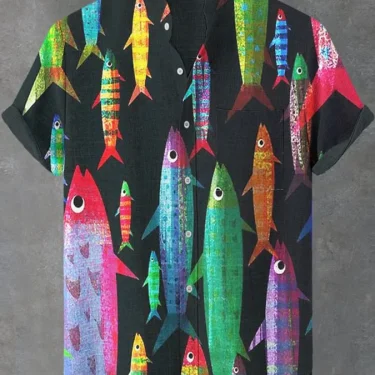 Summer Men's Casual Sea Life Graphic Short Sleeved Shirt Button Down Lapel Shirts Oversized Tops Casual Hawaiian Shirt for Men 1