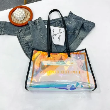 Female Casual Laser PVC Clear Summer Holiday Beach Portable Clutch Tote Bags for Christmas Birthday Party Gift 6
