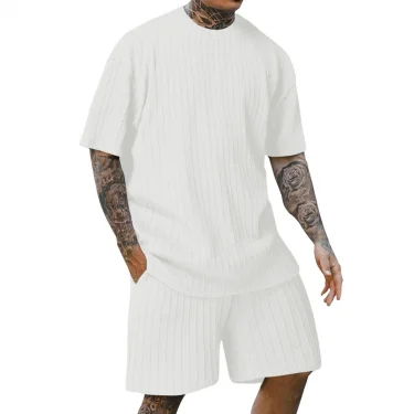 Men's new fashion summer sports solid color crew-neck vertical stripe T-shirt shorts short-sleeved suit 3