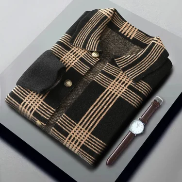 100% Merino Wool Men's Lapel Collar Knit Cardigan Coat 2025 Spring/ Autumn New POLO Neck Grid Suit Shirt Cashmere Jacket Sweater 2