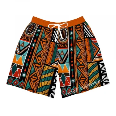 Men's Beach Shorts African Tribe Ankara Pattern Summer Hawaii Men's Pants Elastic Waist 3D Printed Breathable Short Streetwear 6