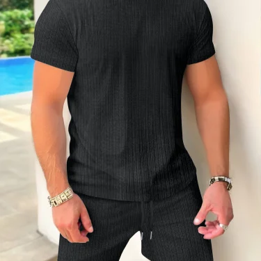 Summer men's short-sleeved and shorts set, simple and casual, high-quality outdoor men's wear, summer fashionable loose pullover 2