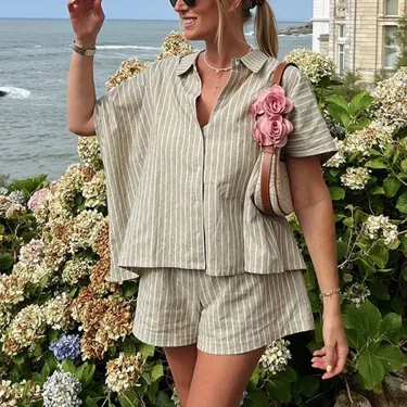 Casual Stripe Shorts Set Women's Loose Single Breasted Half Sleeve Shirt High Waist Short Pant 2025 Summer New Lady Holiday Suit 1