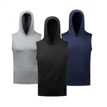 Men's Sports Tank Tops Summer Casual Sleeveless T-Shirt Solid Color Hooded Vest Outdoor Training Breathable Hip Hop Streetwear 1