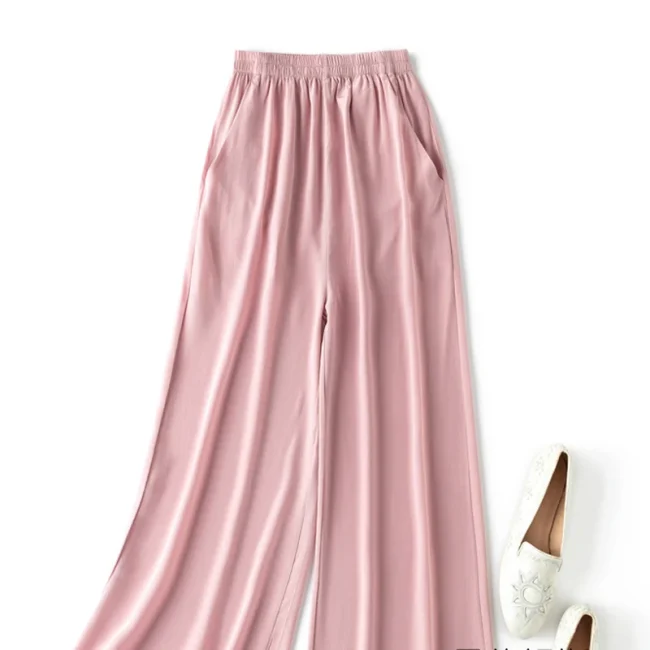 Birdtree Summer 100% Silk Crepe Dechine Pants Women Wide Leg Casual Trousers Solid Elastic Waist Cropped Pant New 2023 B35852C 4