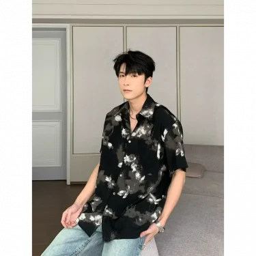 Retro Tie-dye Flower Shirt Short Sleeve Men High-end Sense Handsome Fashion Trend Korean Version Loose Draped Ice Silk Shirt 3