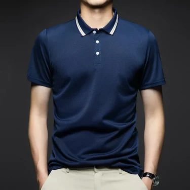 Men's Fashion Solid Short Sleeved Striped Lapel Polo Shirt Summer Breathable Comfortable Top 3