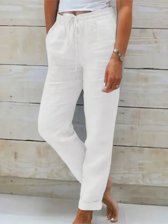 Women's High Waist Solid Color Cotton Linen Casual Pants Fashion Summer Female Holiday Casual Long Pant New 5