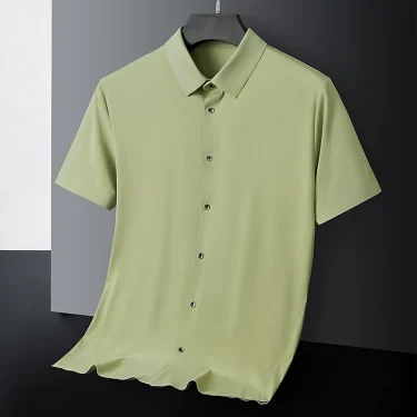 New High-quality Ice Silk Men's Business Casual Short Sleeved Shirt Summer Ultra-thin Breathable Outdoor Sports Solid Color Top 1