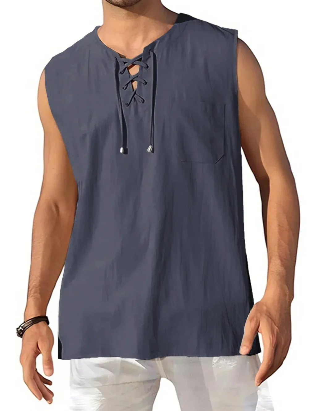 Men's Lightweight Tank Tops Sleeveless BreathableT-Shirt Lace-up Design Solid Color Shirt Loose Fit Vest Daily Vest Men Clothing 4