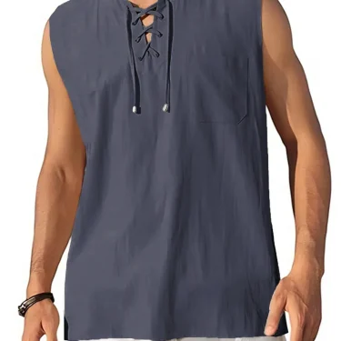 Men's Lightweight Tank Tops Sleeveless BreathableT-Shirt Lace-up Design Solid Color Shirt Loose Fit Vest Daily Vest Men Clothing 4