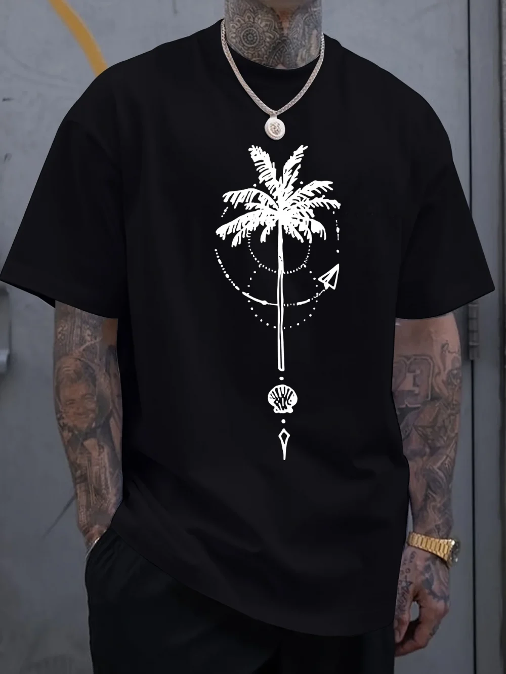 Men's summer 100 cotton fashionable sports casual loose coconut tree pattern printed round neck short sleeved T-shirt top 3