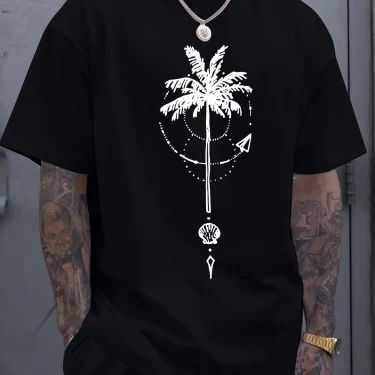 Men's summer 100 cotton fashionable sports casual loose coconut tree pattern printed round neck short sleeved T-shirt top 3