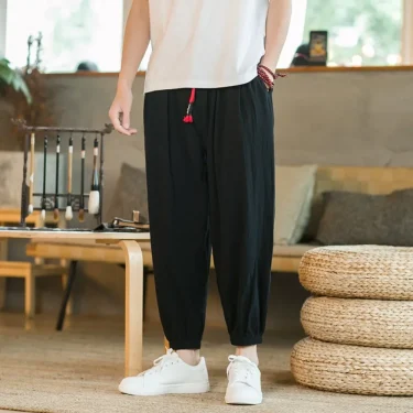 Men's Casual Solid Color Harem Pants Cotton and Linen Loose Oversize Beach Pants Jogger Sweatpants Male Wide Leg Trousers 1