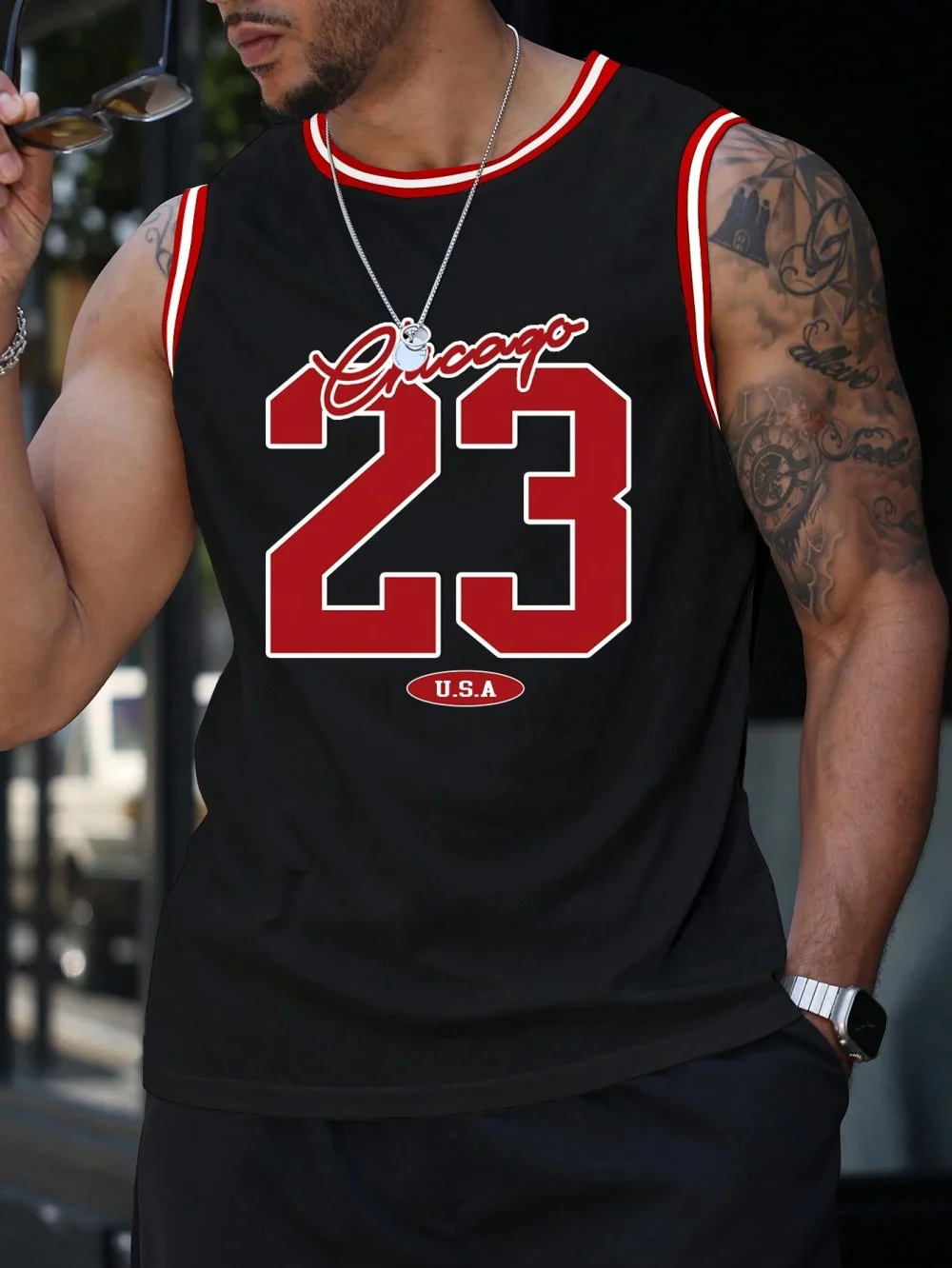 USA Chicago No.23 Printed Vest Top Men's Loose Speed Dry Black and White Sleeveless Running Playing and Exercise Tank Top Vest 2