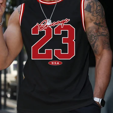 USA Chicago No.23 Printed Vest Top Men's Loose Speed Dry Black and White Sleeveless Running Playing and Exercise Tank Top Vest 2