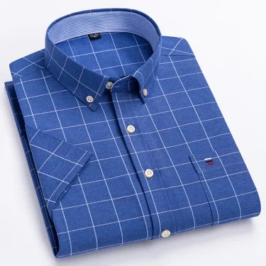 New Men's Social Shirt Short Sleeve 100% Pure Cotton Oxford Soft Buttoned Plaid Formal Male Clothes Pocket Social Shirt S-7XL 4