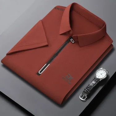 New Men's Business Casual Zipper Short Sleeve Solid Color Polo Shirt Fashionable Warm Comfortable Four Seasons Versatile Top 6