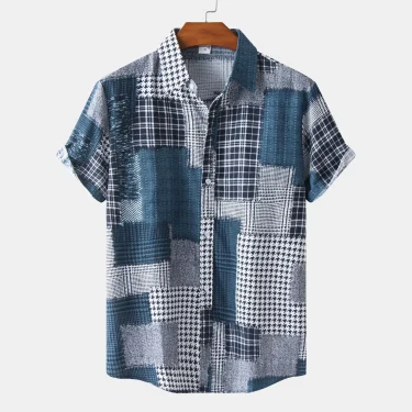 Fashion Patchwork Design Printed Pattern Men Women Short Sleeve Shirts Fashion Tops Casual Button Down Shirt Tops 1