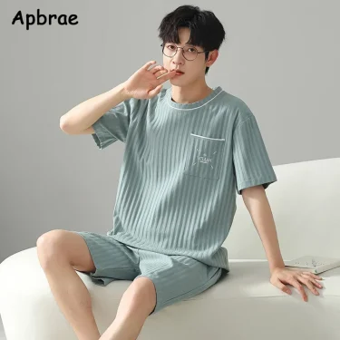 Summer Men Faux Cotton Pajamas Set Short Sleeves Shorts Sleepwear for Boy Big Size L-3XL Young Man Pijamas Pullover Homewear 2