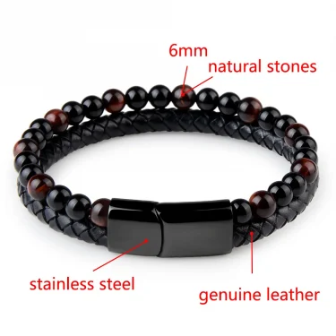 Natural Stone Bracelet Genuine Leather Braided Bracelets Black Stainless Steel Magnetic Clasp Tiger eye Bead Bangle Men Jewelry 6