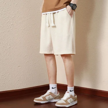 Men Shorts Solid Color Mid Waist Summer Shorts Waffle Texture Deep Crotch Drawstring Male Shorts Loose Knee Length Casual Short 2