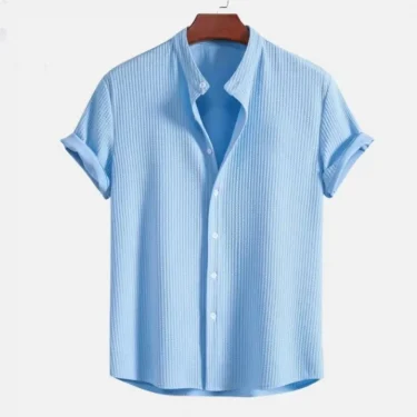 Men's business casual beach short-sleeved T-shirt and shirt, summer fashion trend retro solid-color cardigan jacquard shirt top 1