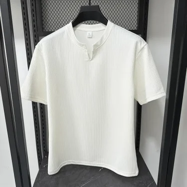 New Men's Casual and Fashionable Small V-neck Short Sleeved T-shirt with Summer Stripes Comfortable Solid Color Versatile Top 3