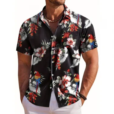 Men's Short Sleeve Shirt Hawaiian Botanical Flower Print Lapel Seaside Button-Down Shirt Top Casual Fashionable Shirts 3