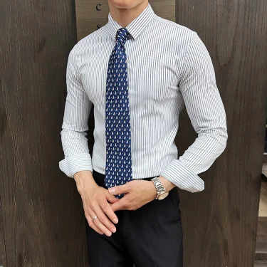 2025 Spring High-Grade Business Shirt Textured Striped Shirt Hidden Hook Slim-Fit Long-Sleeved Shirt 3