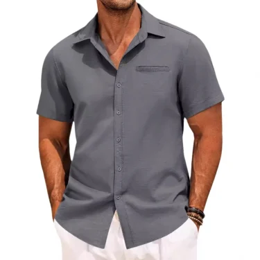 2025 New Men's Shirt Button Short-sleeved Lapel Office Casual Top Fashion Simple Invisible Pocket Blouses 6