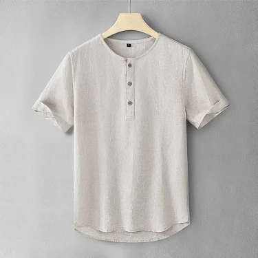 New summer stand-up collar pure linen short-sleeved shirt men's slim pullover men's breathable shirt linen round neck T-shirt 4
