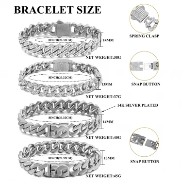 1Pcs 13/14MM Cuban Chain Bracelet for Men Women Prong Miami Rhinestones Cuban Bracelets Wristband Hiphop Gifts Jewelry 6