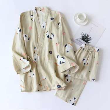 New Japanese-style kimono two-piece couple pajamas cover men and women pure cotton gauze cute kitten thin home service plus size 4