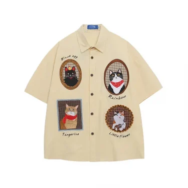 HELLOMARCEL Top Quality EU US Size Luxury Streetwear Men Summer Oversized Leisure Funny Cat Embroidery Short Sleeved Shirt 1