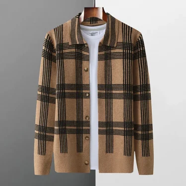 100% Merino Wool Men's Lapel Collar Knit Cardigan Coat 2025 Spring/ Autumn New POLO Neck Grid Suit Shirt Cashmere Jacket Sweater 5