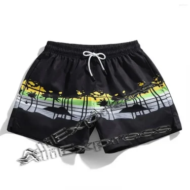 Coconut Tree Pattern Beach Shorts For Men Fishbone 3D Printed Swim Trunks Summer Street Surf Board Shorts Vacation Short Pants 4