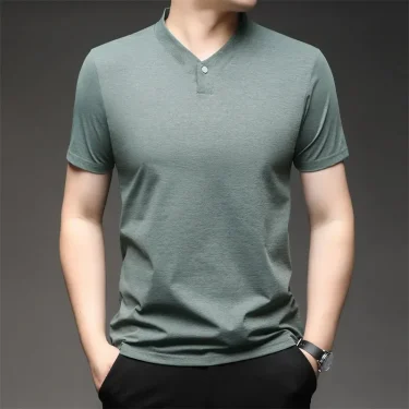 2025 Korean Style Men's Casual and Fashionable One Button V-neck Solid Color Short Sleeved T-shirt Summer Versatile Top 1