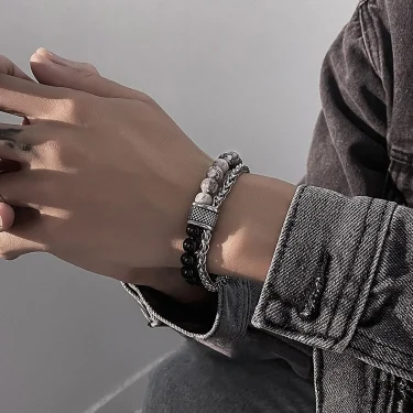 Natural Stone Tiger Eye Stainless Steel Chain OT Button Double Bead Bracelet For Men Hand Chain Accessories 2025 New 4