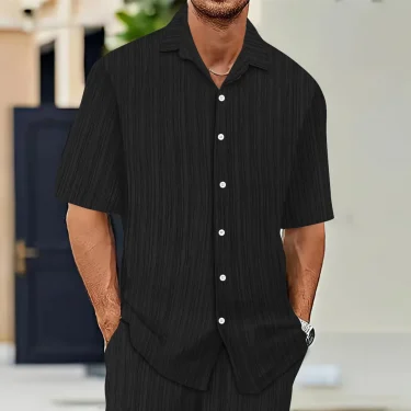 Hot Sale Men's Short-Sleeved Shirts Summer Solid Color Turn-down collar Casual Beach Style Plus Size 1