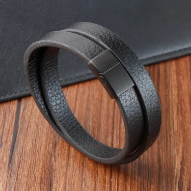 Fashion Braided Rope Wrap Black Leather Bracelets for Men Classic Style Stainless Steel Bangle Couple Charm Jewelry Gifts 1