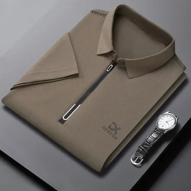 New Men's Business Casual Zipper Short Sleeve Solid Color Polo Shirt Fashionable Warm Comfortable Four Seasons Versatile Top 2