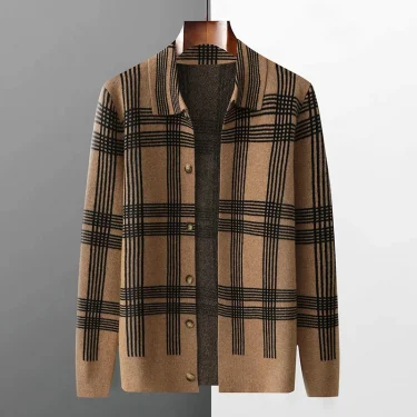 100% Merino Wool Men's Lapel Collar Knit Cardigan Coat 2025 Spring/ Autumn New POLO Neck Grid Suit Shirt Cashmere Jacket Sweater 3