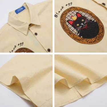 HELLOMARCEL Top Quality EU US Size Luxury Streetwear Men Summer Oversized Leisure Funny Cat Embroidery Short Sleeved Shirt 4
