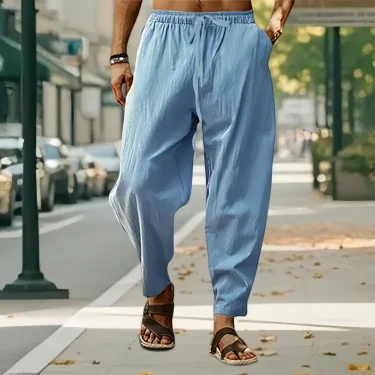 New Men Cotton Linen Pants Summer and Autumn Solid High Waist Wide-Leg Trousers Male Loose Hemp Casual Breathable Sports Pants 5
