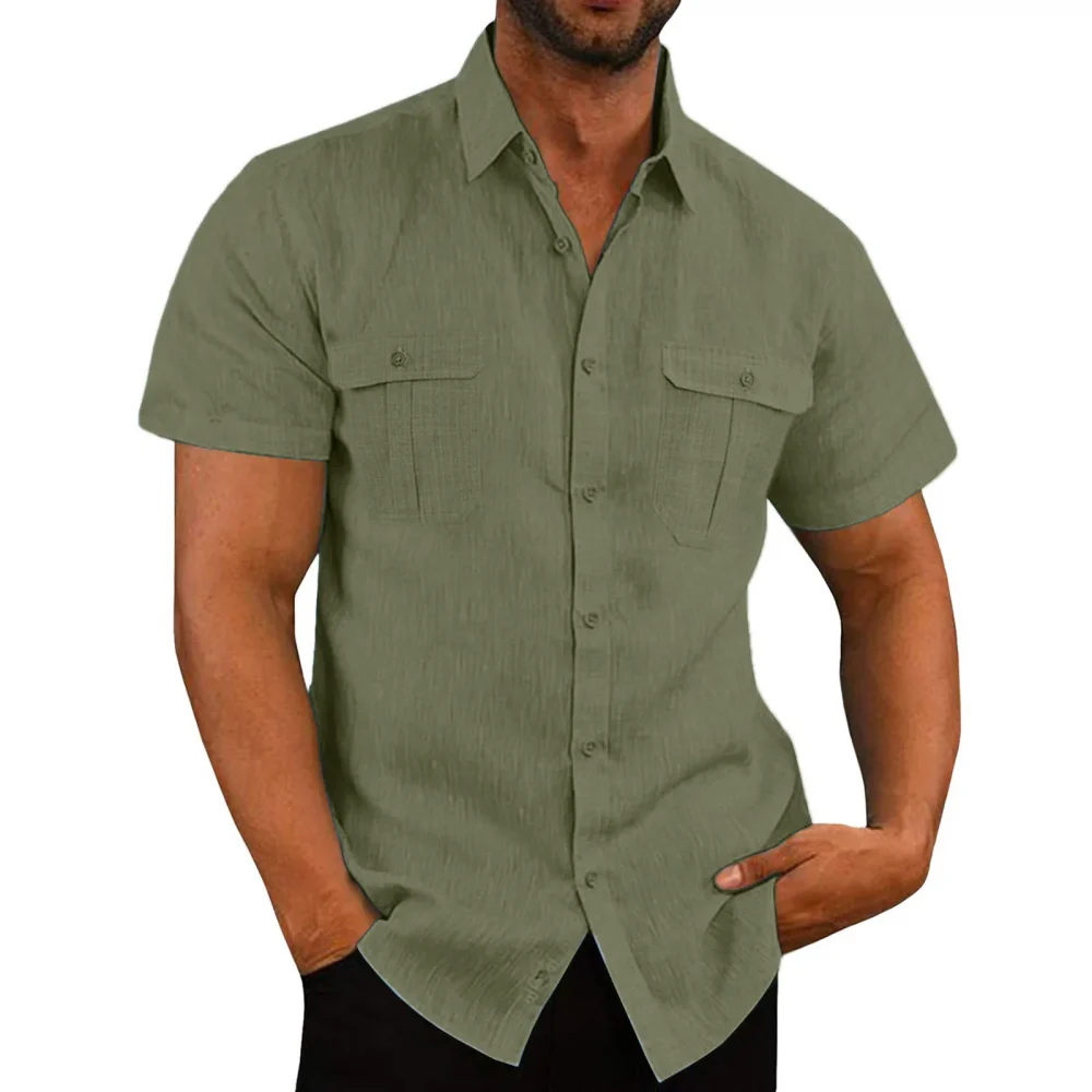 Cotton Linen Hot Sale Men Short-Sleeved Shirts Summer Solid Color Stand-Up Collar Casual Beach Style Plus SizeMale Shirts M-5XL 3